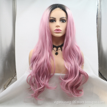 Vigorous ombre pink premium high quality straight wave long wholesale black women synthetic hair wigs small lace front